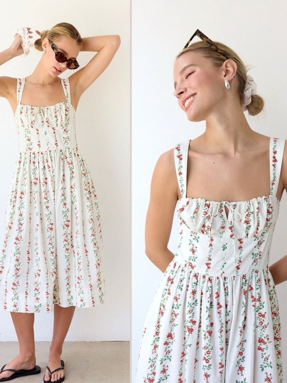 RAISONNEL Red Rose Floral Print Tie- Front Midi Dress Size M